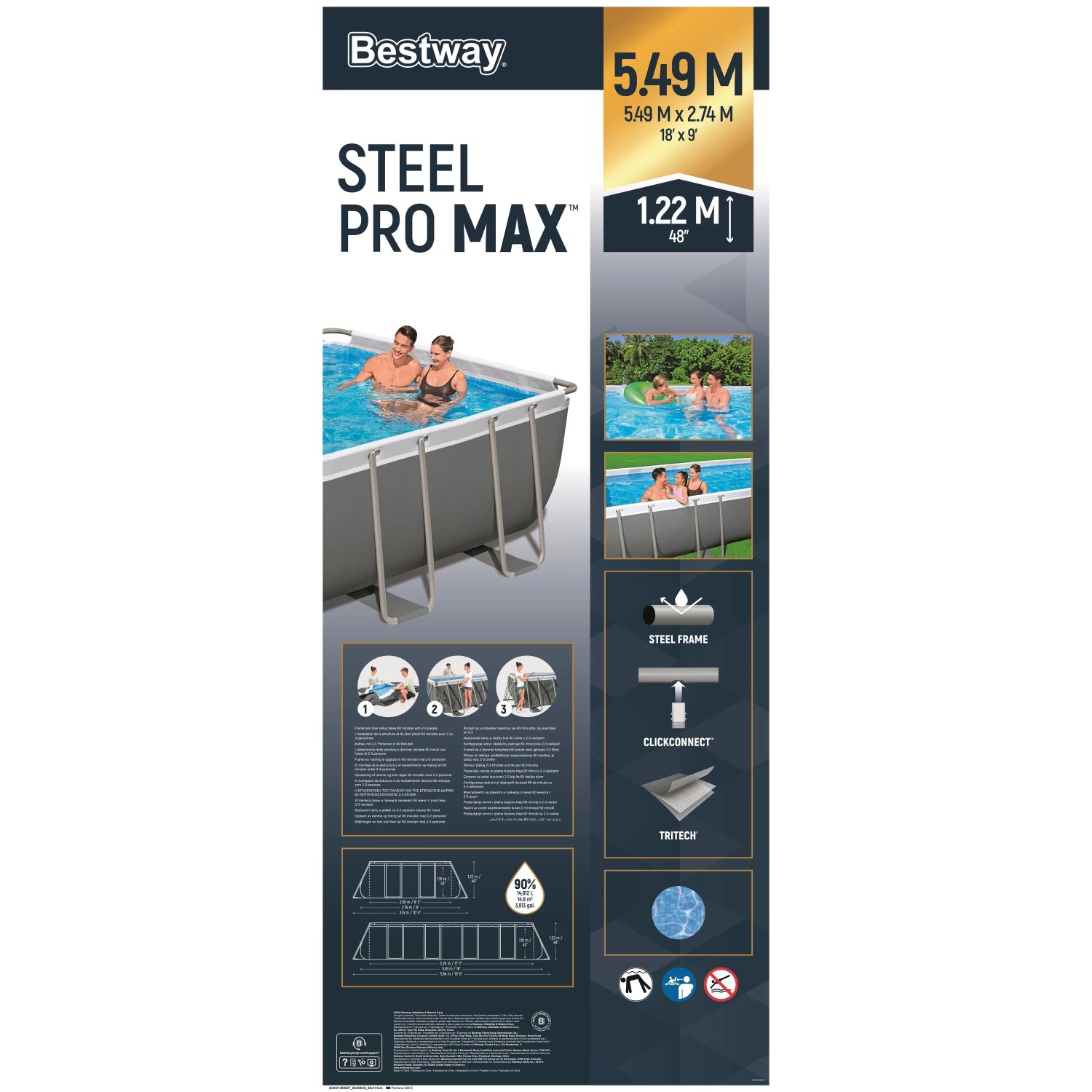 Bestway Steel Pro MAX Pool, 549x274x122 cm, grau, eckig, mit Sandfilteranlage.