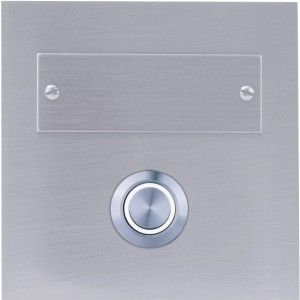 Quadratischer LED-Klingeltaster aus Echtmetall mit Namensschild für die Aufputzmontage.