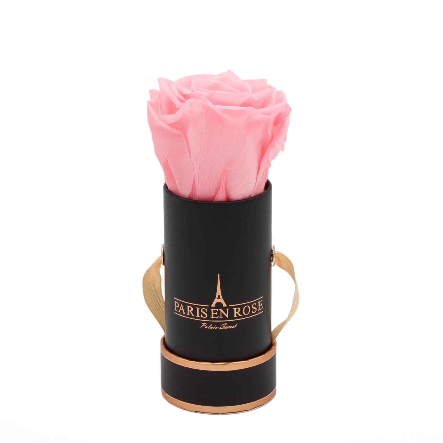 Rosenbox Ø 5 cm Schwarz-Roségold mit einer Rosa Rose