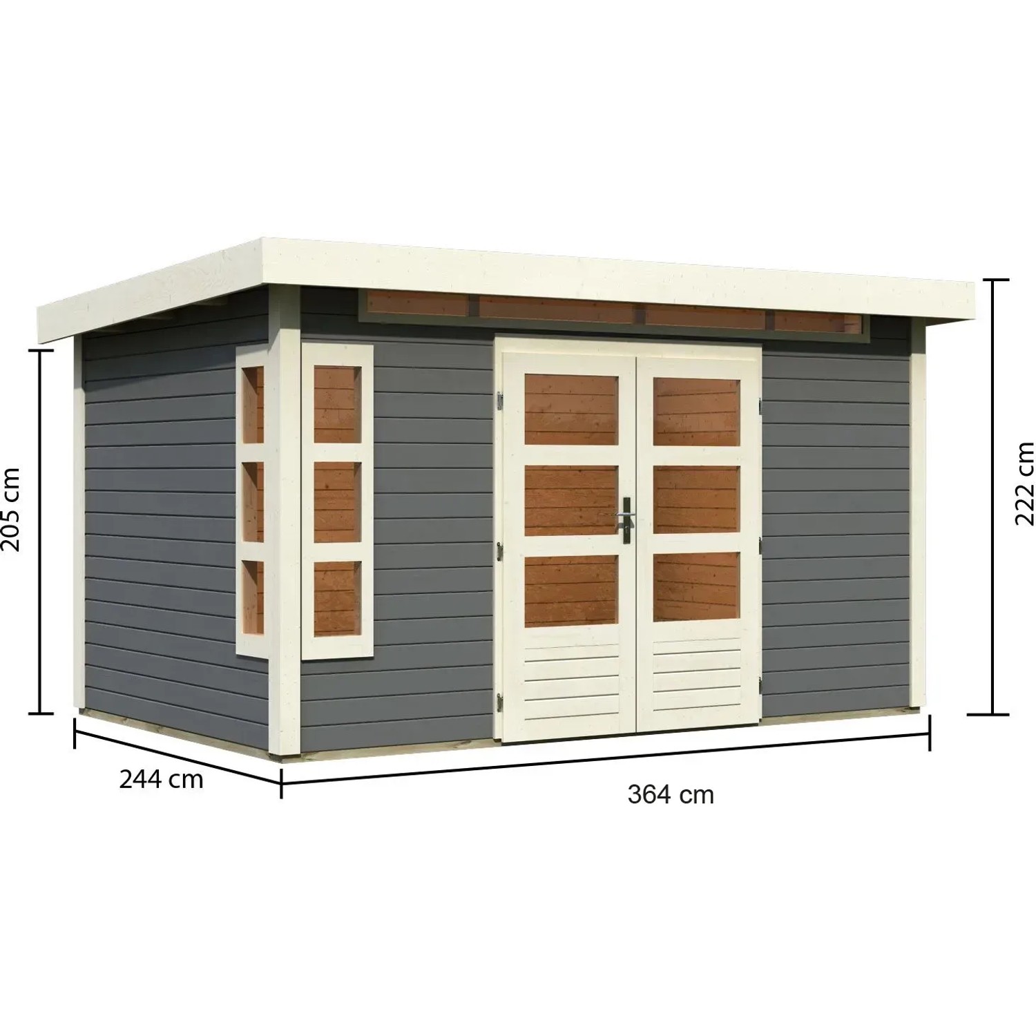 Karibu Gartenhaus Kastberg, terragrau, mit Flachdach, lackiert, 360x240 cm. Holzhaus mit Fenster und Doppeltür.