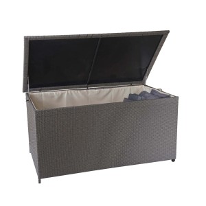Geöffnete graue Poly-Rattan Kissenbox D88 950l Premium mit Kissen. Aufbewahrungsbox für Gartenmöbel.