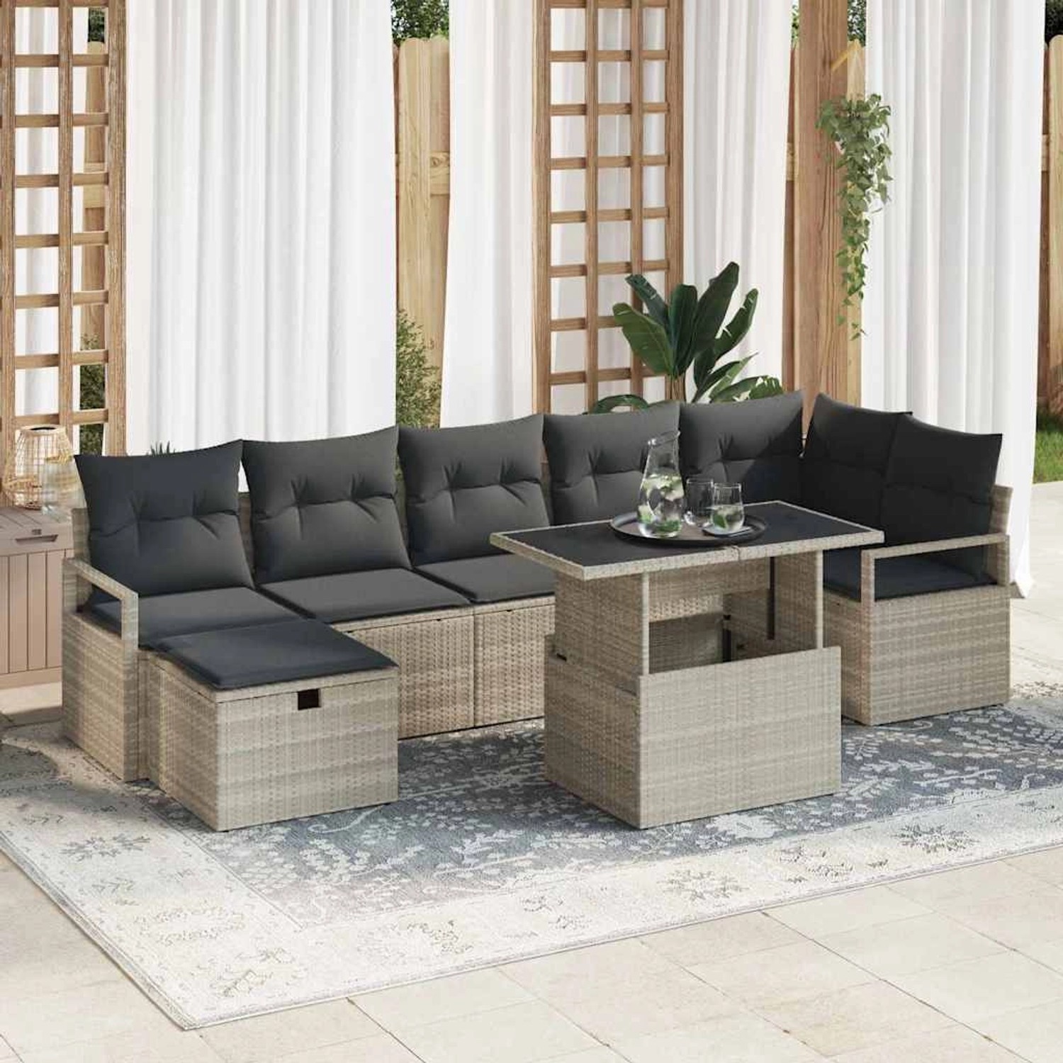 vidaXL Garten-Sofa-Set mit Kissen 8-Tlg Hellgrau Poly Rattan 3359809_2