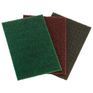 LUX Handschleifvlies-Set: 3 Schleifvliese in Grün, Braun und Dunkelbraun.