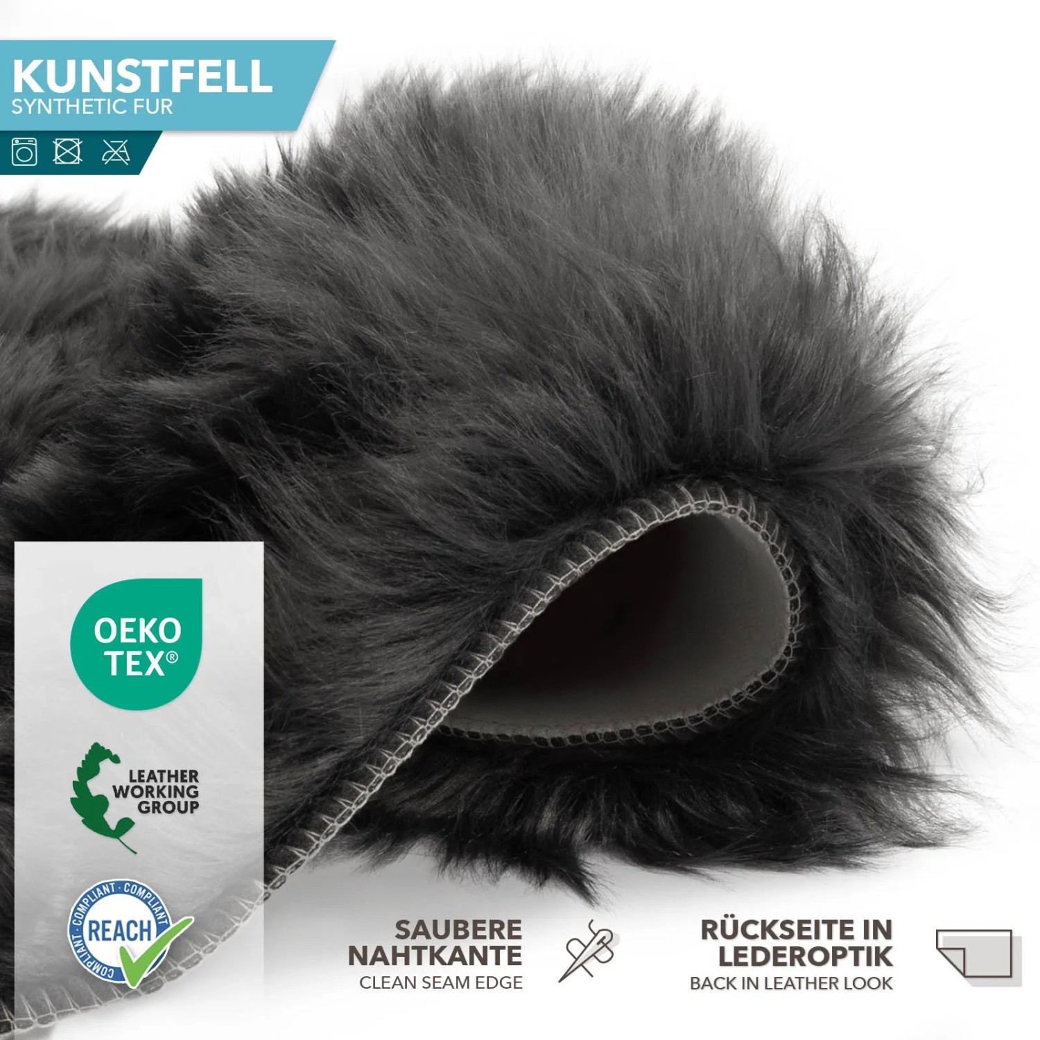 Flauschiges, graues Kunstfell Nelly mit gekettelten Saum und Lederoptik Rückseite.