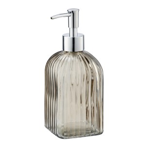 Eckiger, brauner Wenko Seifenspender aus Echtglas (0,52l) mit Chrom-Pumpe.