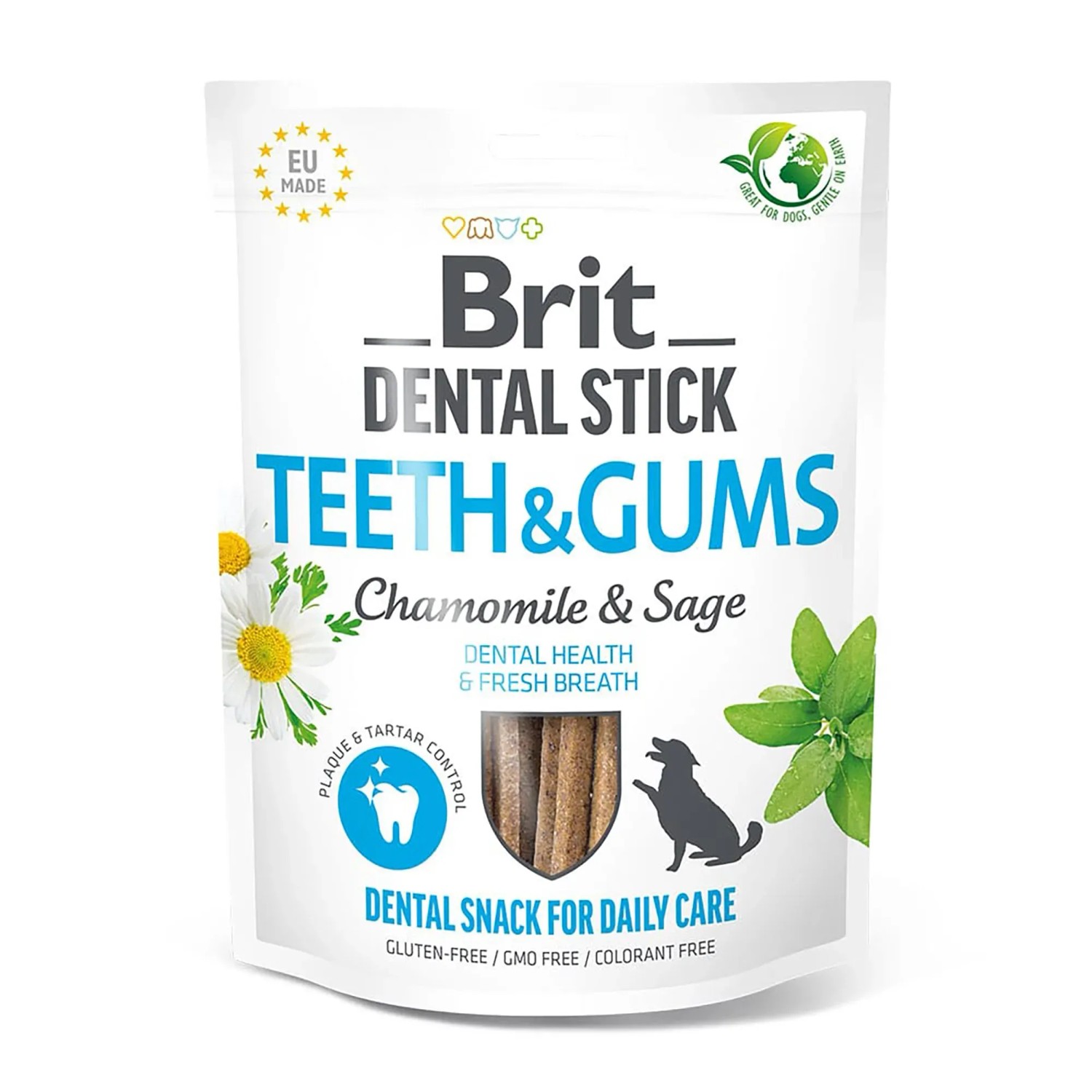 Brit Care Dental Stick für Hunde, Zahnpflegesnack mit Kamille & Salbei, 251g Packung.