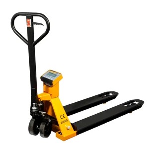 PCE Instruments Industriewaage PTS 1N: Gelber Hubwagen mit integrierter Digitalwaage.