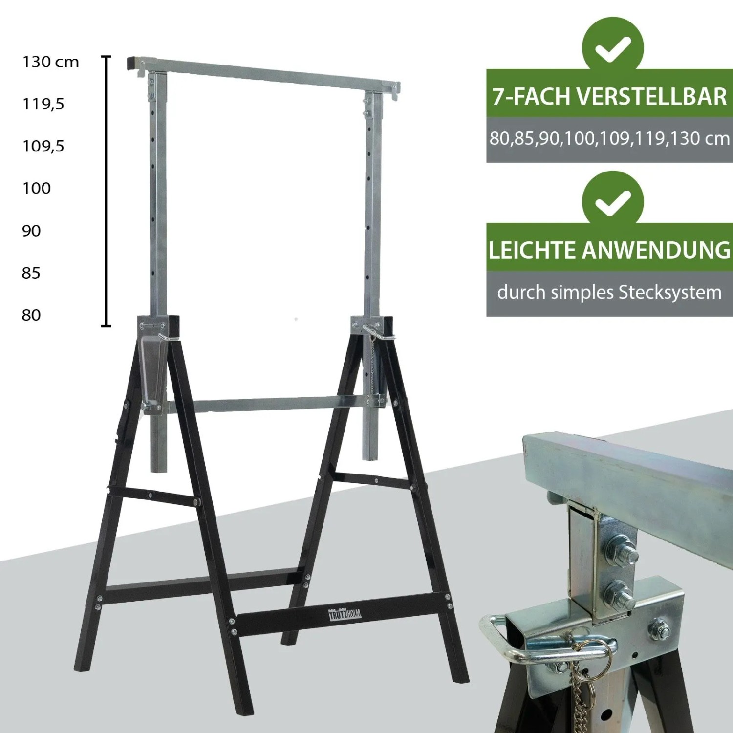 2er Set TRUTZHOLM Arbeitsböcke, 7-fach höhenverstellbar, bis 400 kg belastbar, Stahl schwarz lackiert.