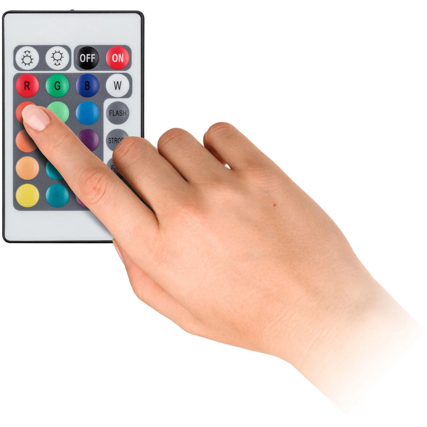 Hand bedient Fernbedienung für Paulmann SimpLED RGBW LED-Strip zur Farbauswahl.