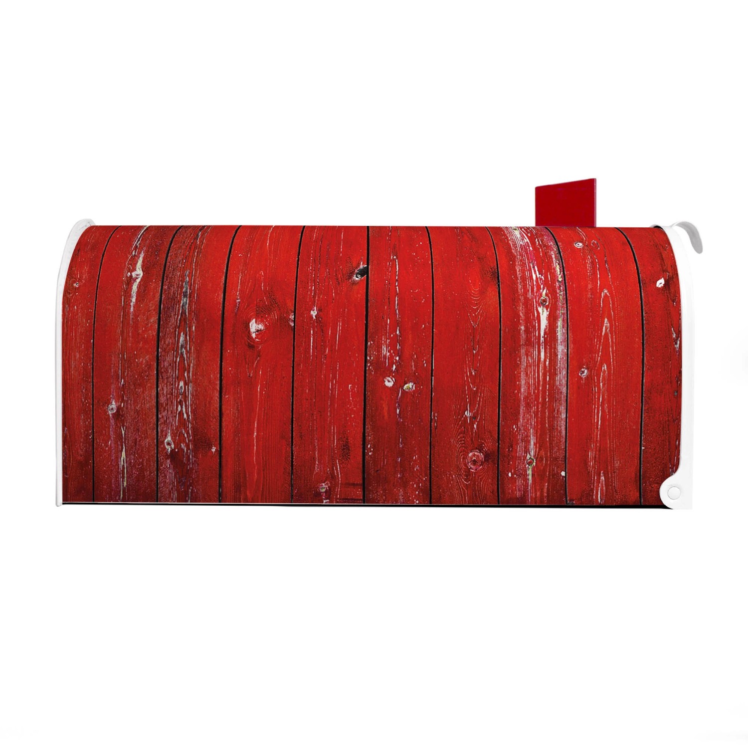 Weißer US Briefkasten mit rotem Holzlatten-Motiv. Amerikanischer Postkasten aus Stahl, pulverbeschichtet.