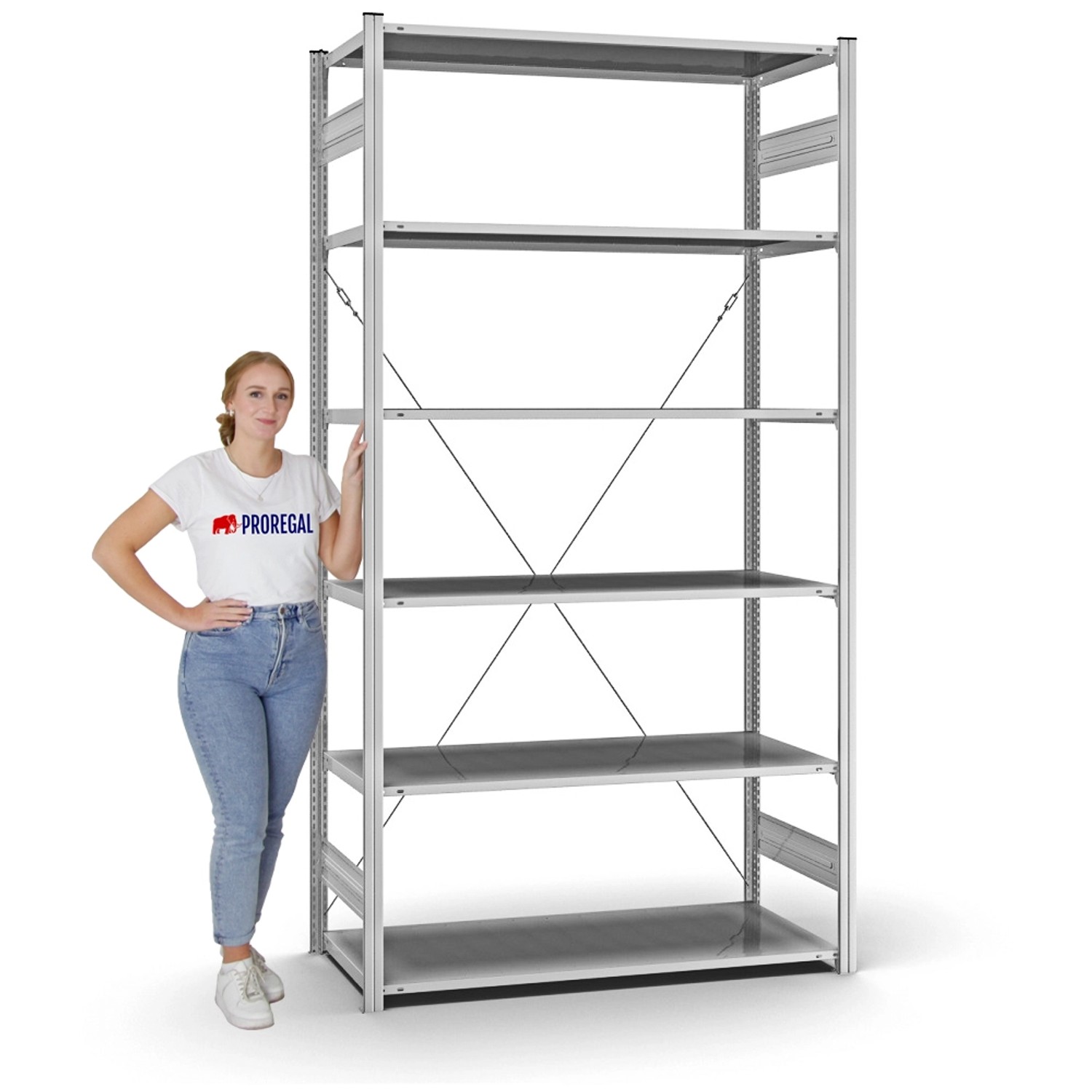 Verzinktes PROREGAL Profi Lagerregal Stecksystem mit 6 Böden, 250x130x60 cm, Fachlast 110 kg.