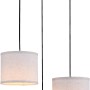 Just Light Pendelleuchte mit drei beigen Stoffschirmen und Holzdekor, höhenverstellbar.