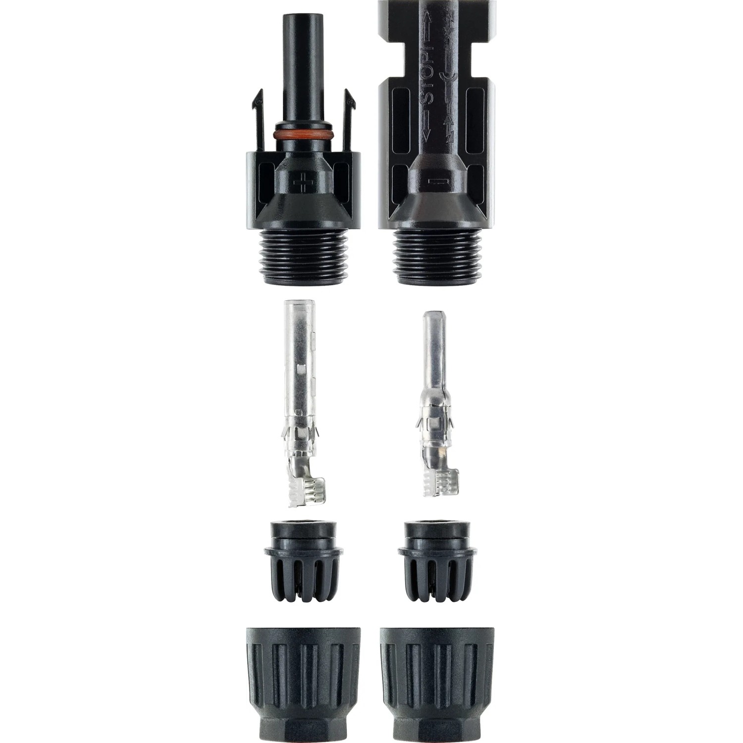Schwaiger Solar-Stecker/Kupplung Set für Solaranlagen, bestehend aus Stecker, Kupplung und Kontakten.