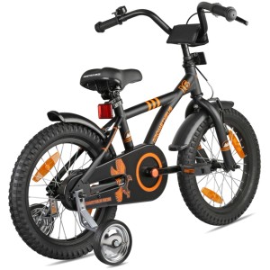 Schwarzes PROMETHEUS Kinderfahrrad 16 Zoll mit Stützrädern und Rücktrittbremse.