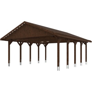 Satteldach-Carport Wallgau Nussbaum, Doppelcarport aus Holz mit Dachlattung.