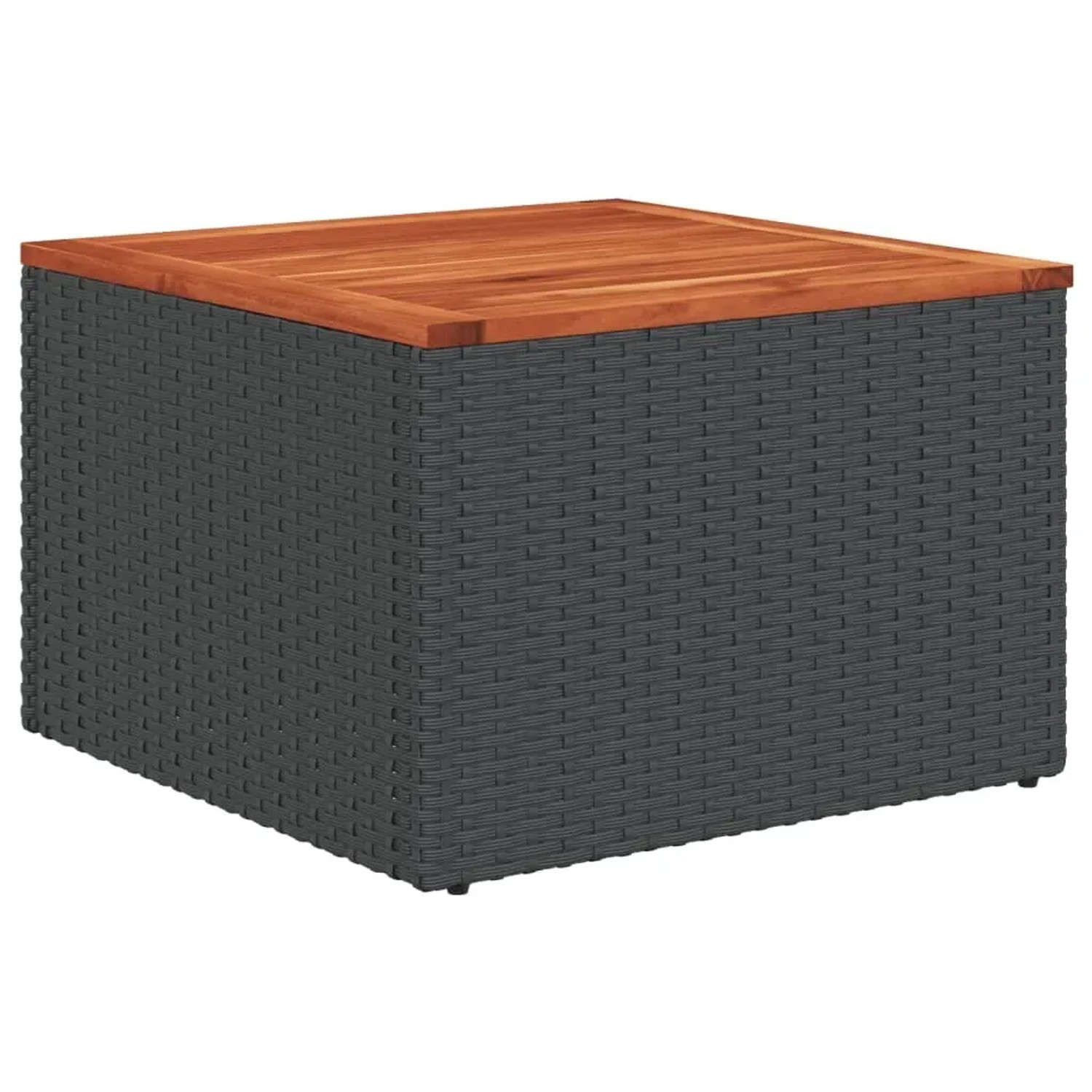 Quadratischer Gartentisch aus schwarzem Rattan mit Akazienholzplatte, Teil der vidaXL Garten-Sofagarnitur.