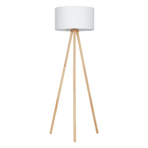 Brilo Stehleuchte mit weißem Stoffschirm und Holzfüßen. Elegante Stehlampe für Innenräume.
