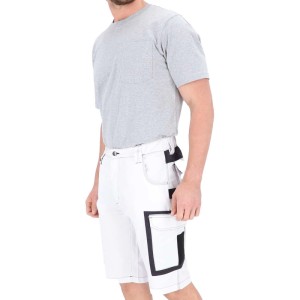 Weiße Eliworx Workwear Shorts mit schwarzen Akzenten, vielen Taschen und Stifttasche. Ideal für Handwerk.
