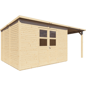 Bertilo Holz-Gartenhaus Borkum 2 Natur mit Doppeltür und Anbau, aus FSC®-zertifiziertem Holz.