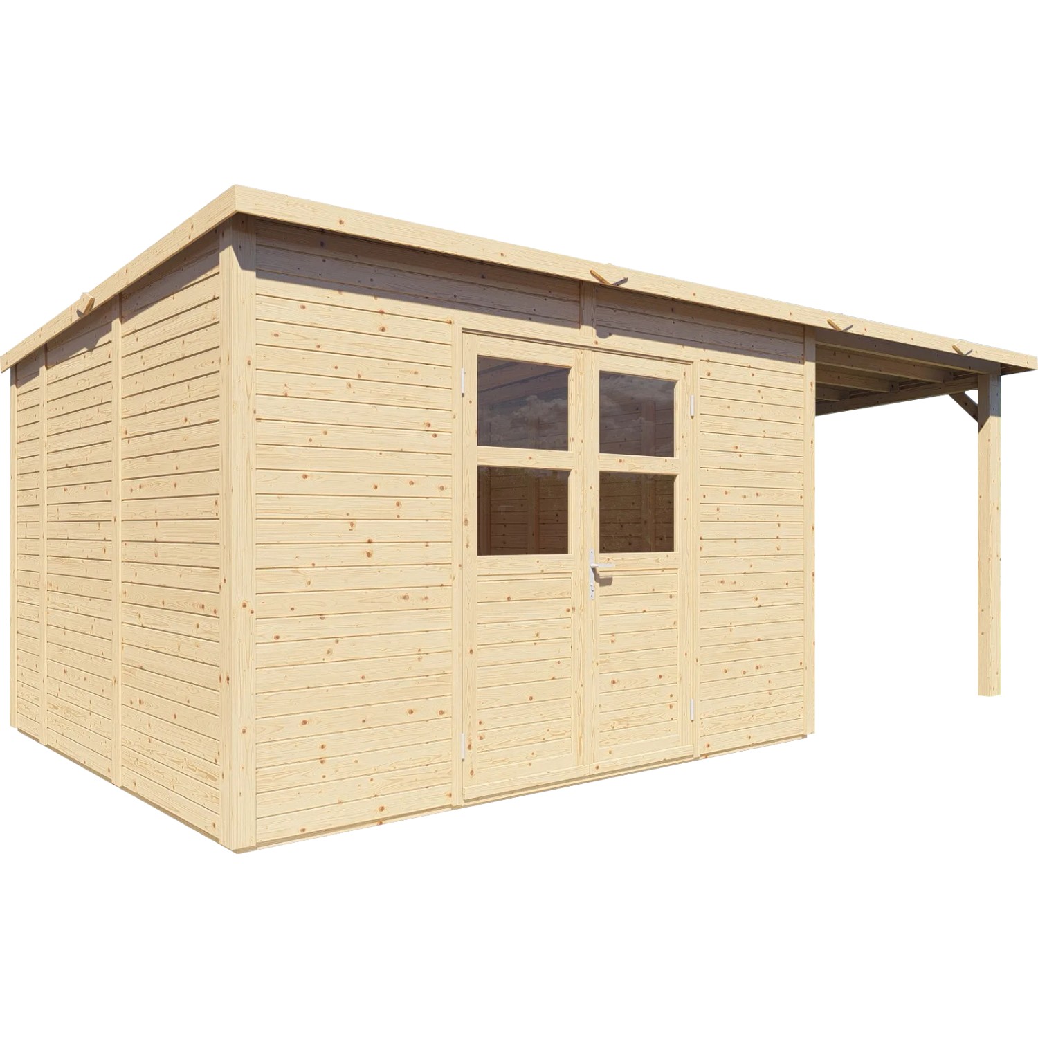 Bertilo Holz-Gartenhaus Borkum 2 Natur mit Doppeltür und Anbau, aus FSC®-zertifiziertem Holz.