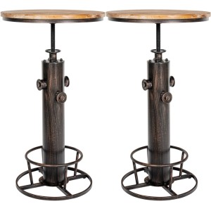 2er Set höhenverstellbare Stehtische Ruhr: runde Kiefernholzplatten, bronzefarbene Metallgestelle, Industrial-Look.