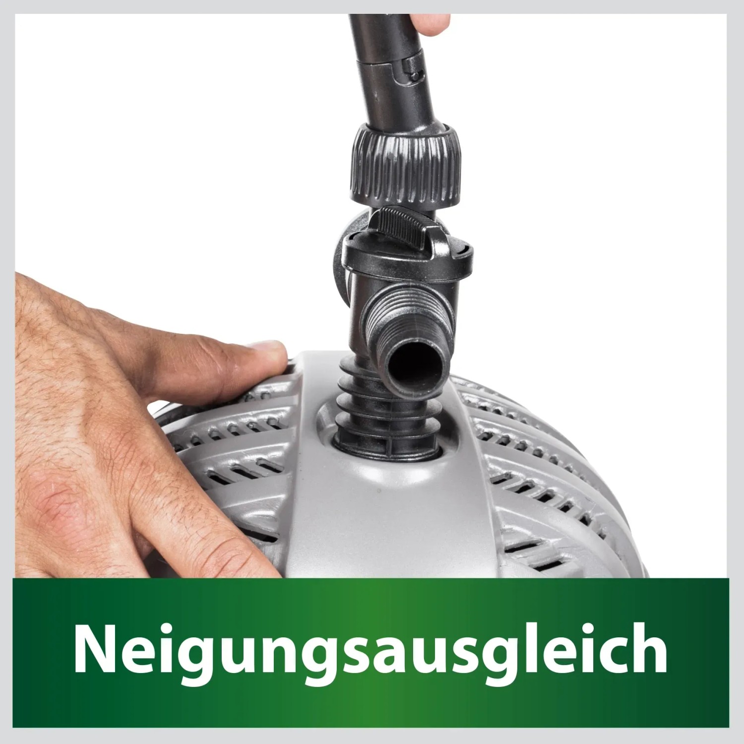 Detailaufnahme der Heissner Aqua Jet Eco Teichpumpe mit Neigungsausgleich.