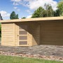 Unbehandeltes Karibu Holz-Gartenhaus Linköbing mit Pultdach und Anbau. Naturholz mit Tür.