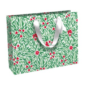 Clairefontaine Geschenktasche Shopper mit grünem Blätter- und rotem Herzmuster, weißen Satinbändern. Ideal für Geschenke.