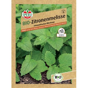 Sperli Bio Zitronenmelisse Samenpackung mit grünen Blättern. Kräutersamen für Garten und Kübel.