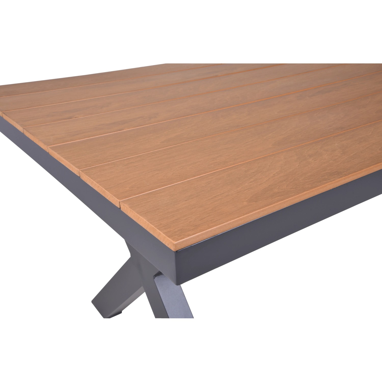 Rechteckiger, braun-schwarzer Gartentisch Silea (93,5x173cm) mit Holzplatten-Optik und robustem Aluminiumgestell.
