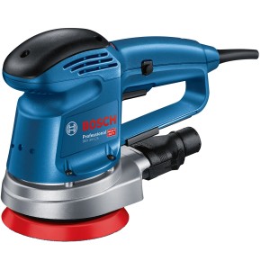 Bosch Professional GEX 34-125 Exzenterschleifer mit Schleifteller und Schleifblatt.