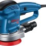 Bosch Professional GEX 34-125 Exzenterschleifer mit Schleifteller und Schleifblatt.