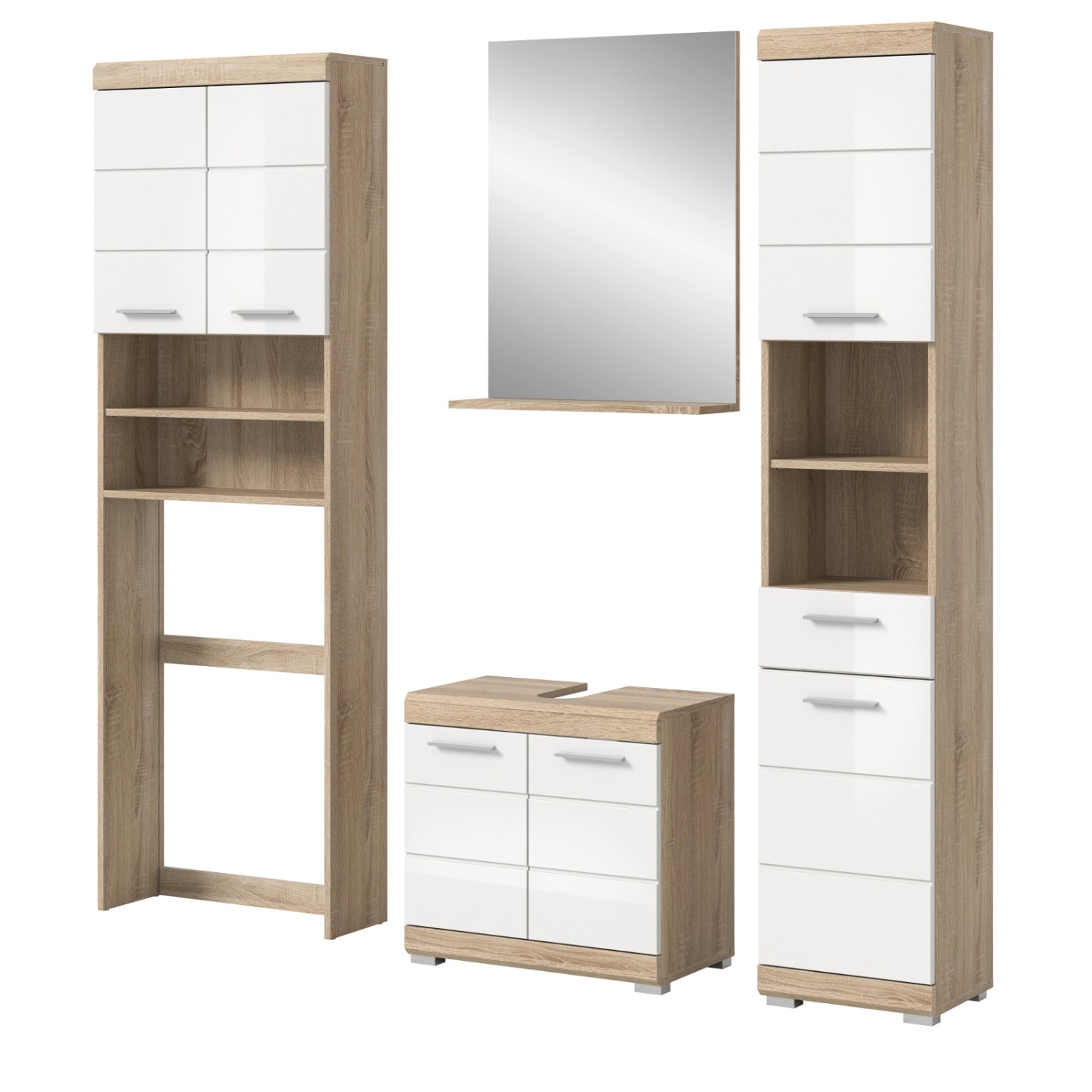 Inn.Furn Badmöbel Set in Weiß Hochglanz und Eiche 4-teilig 190 cm Mambo günstig online kaufen