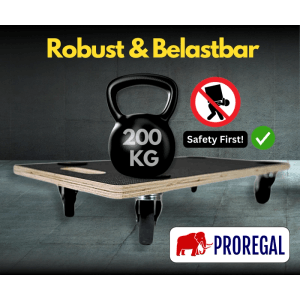 Schwarzer PROREGAL Transportroller mit 200 kg Traglast, Siebdruck Holzplatte und 4 Rollen. Robust für schwere Lasten.