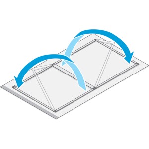 Illustration einer weißen Tesa® Fliegengitter-Tür Falt mit Faltmechanismus und blauen Pfeilen.