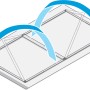 Illustration einer weißen Tesa® Fliegengitter-Tür Falt mit Faltmechanismus und blauen Pfeilen.