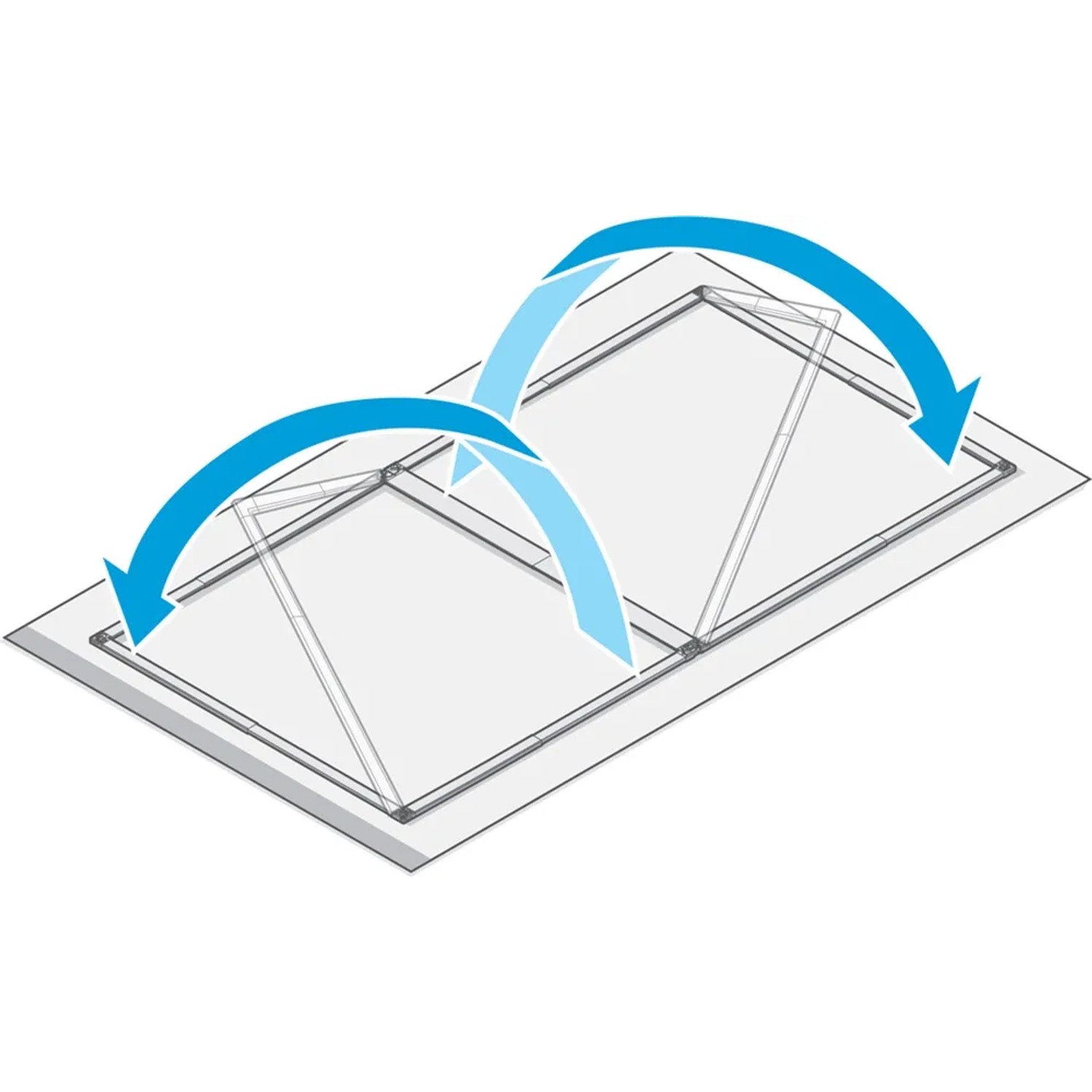 Illustration einer weißen Tesa® Fliegengitter-Tür Falt mit Faltmechanismus und blauen Pfeilen.