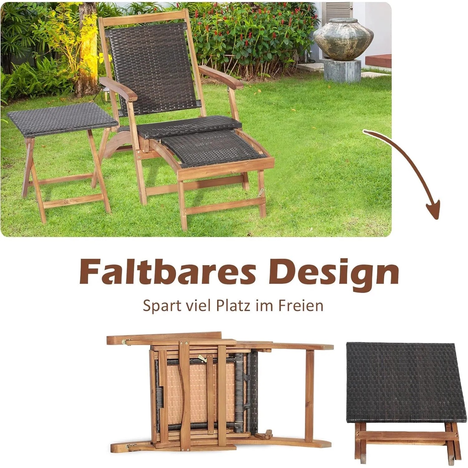 Braune Rattan Sonnenliege mit Holzrahmen, ausziehbarer Fußstütze und passendem Klapp-Beistelltisch im Garten. Platzsparend.