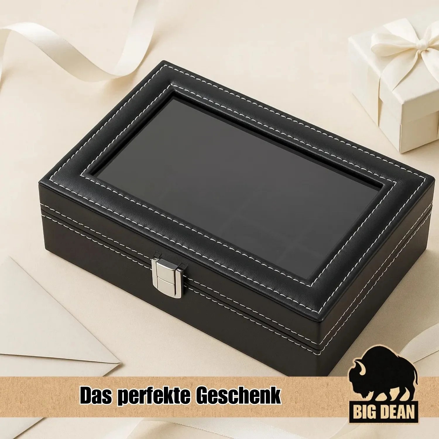 Schwarze BigDean Uhrenbox für 12 Uhren mit Glasdeckel und weißen Ziernähten.