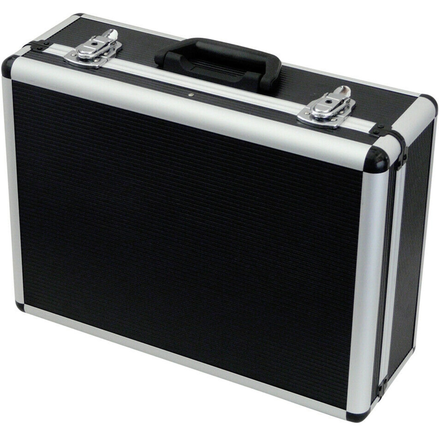 Famex Werkzeugkoffer Universal 749-88 aus Aluminium, schwarz mit Tragegriff und silbernen Verschlüssen.