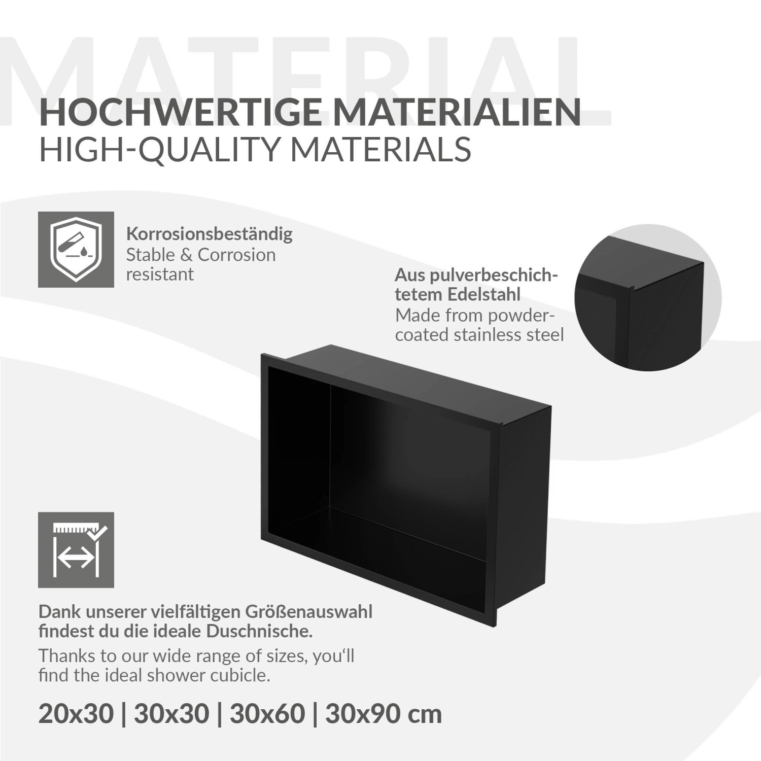 Schwarze LuxeBath Wandnische aus Edelstahl, 20x30x10 cm, für Dusche.