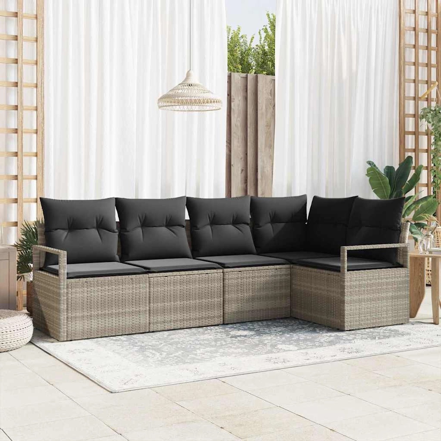 Hellgraues 5-teiliges Garten-Sofa-Set aus Poly Rattan von vidaXL für Terrasse und Garten.