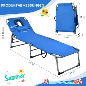 Blaue Costway Klapp-Sonnenliege mit verstellbarer Rückenlehne, Maße dargestellt.