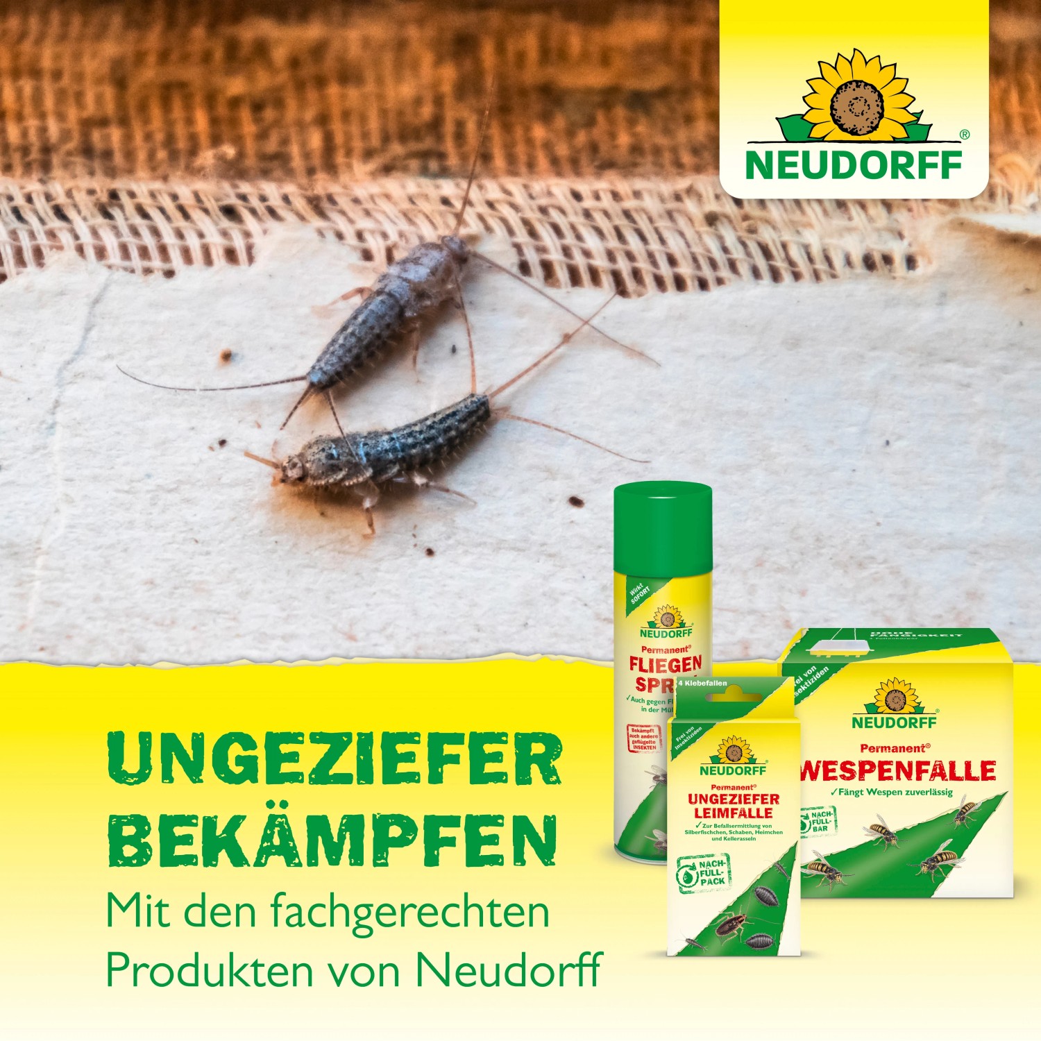 Neudorff Produkte zur Ungezieferbekämpfung, inklusive Fliegenköder-Streifen, Leimfalle, Fliegenspray und Wespenfalle.