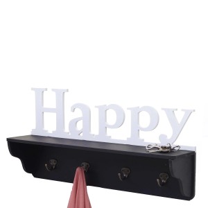 Schwarze Wandgarderobe Happy mit 4 Haken und Ablagefläche.