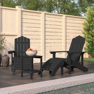 Anthrazitfarbene Furnicato Adirondack Gartenstühle mit Hocker, Tisch aus HDPE.