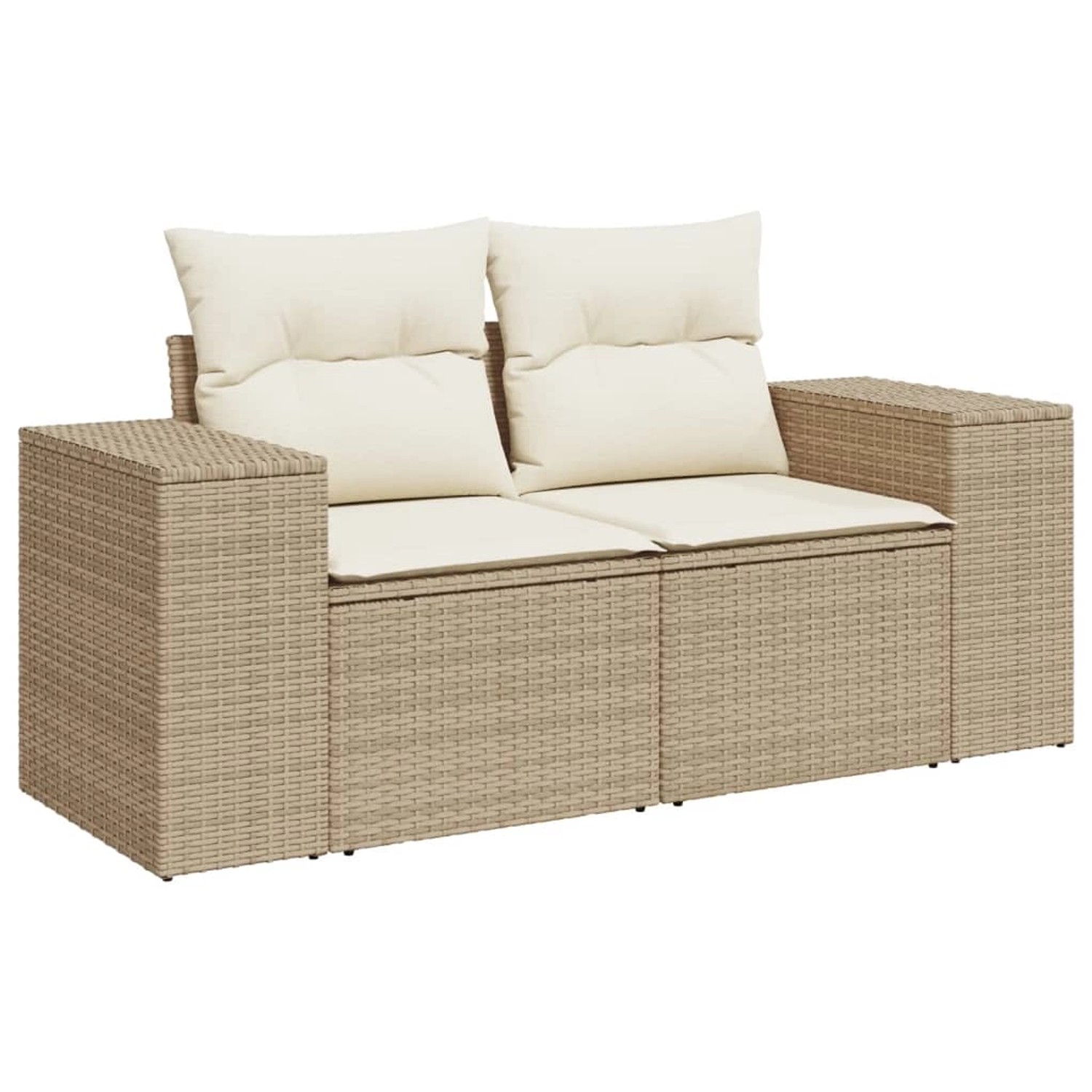 Beige 7-tlg. Garten-Sofagarnitur aus Rattan mit cremeweißen Kissen.