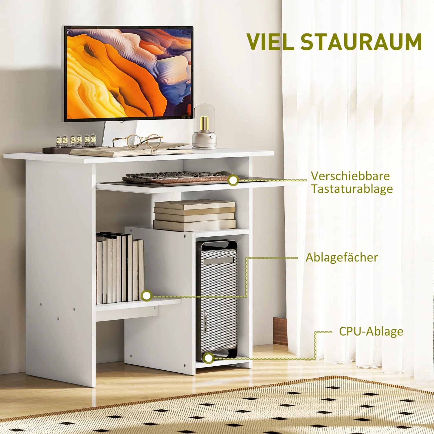 Weißer HOMCOM Computertisch mit Tastaturablage und Regalfächern.