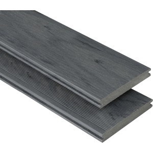 Graue Kovalex WPC Terrassendiele Massiv mit Struktur, Ansicht von oben und Seite.
