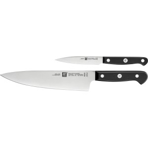 Zwilling Gourmet Messerset, 2-teilig: Kochmesser und Spickmesser mit schwarzen Griffen.